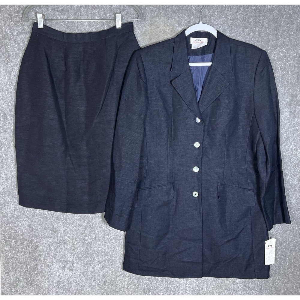 Vintage GH Signature Linen Blend Blazer Skirt Suit Womens Sz 12 Blue Lined New
